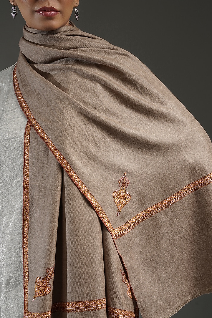 Soft Beige Handloom Pashmina Hand Embroidered Stole by Shaza at Pernia's Pop Up Shop