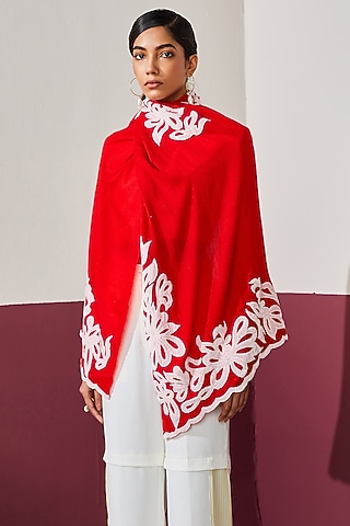 Red Wool Applique Work Stole by Shaza