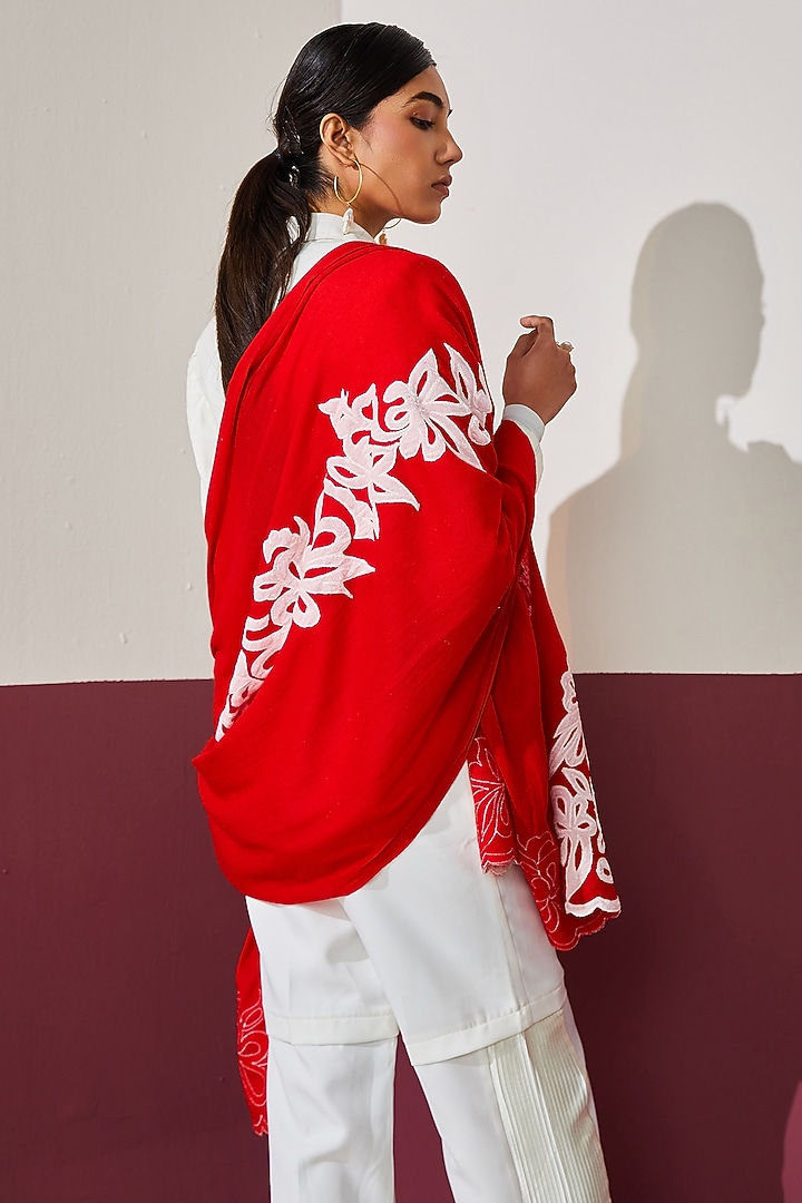 Red Wool Applique Work Stole by Shaza at Pernia's Pop Up Shop
