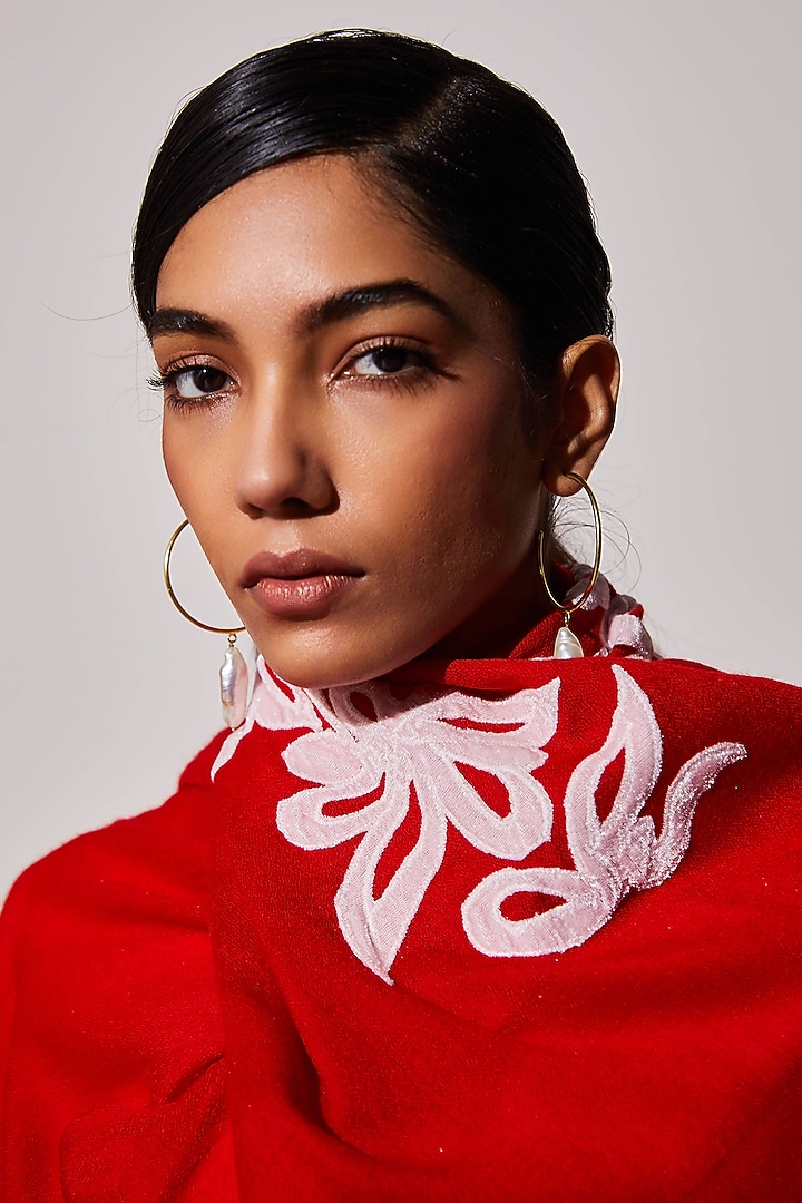 Red Wool Applique Work Stole by Shaza at Pernia's Pop Up Shop