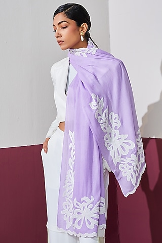 Lavender Wool Applique Work Stole by Shaza