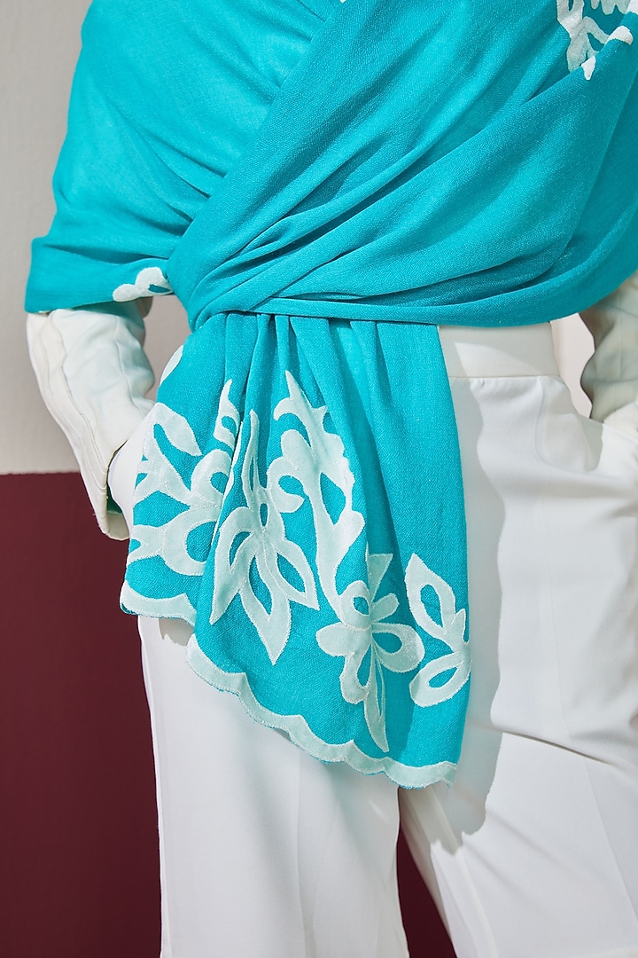 Firozi Wool Applique Work Stole by Shaza at Pernia's Pop Up Shop