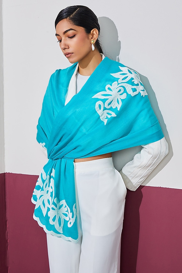 Firozi Wool Applique Work Stole by Shaza at Pernia's Pop Up Shop