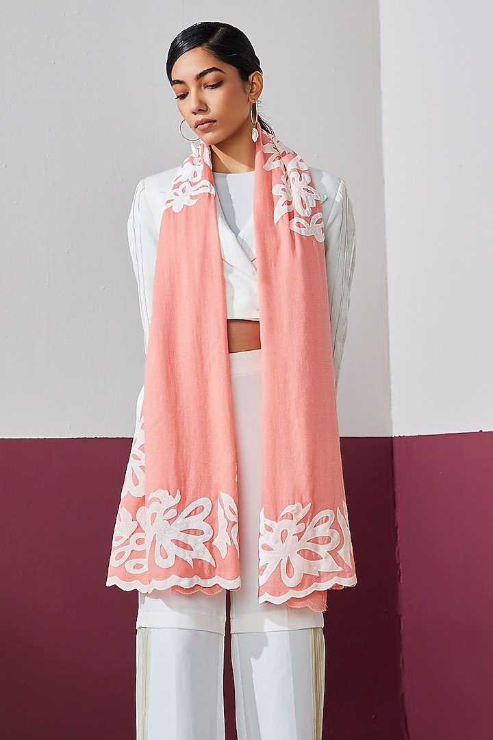 Blush Wool Applique Work Stole by Shaza at Pernia's Pop Up Shop