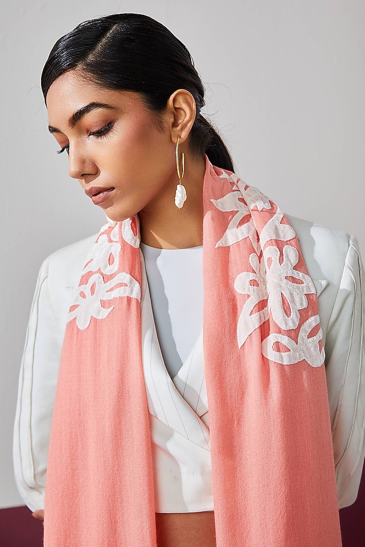 Blush Wool Applique Work Stole by Shaza at Pernia's Pop Up Shop