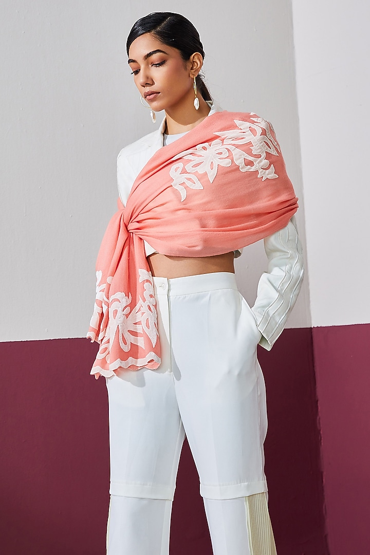 Blush Wool Applique Work Stole by Shaza at Pernia's Pop Up Shop