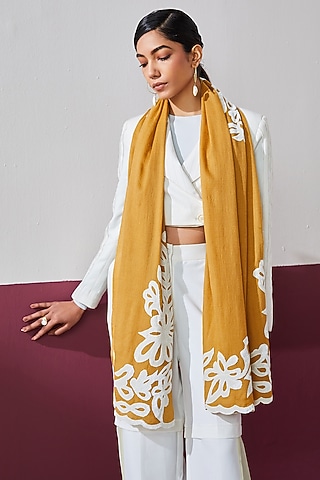 Mustard Wool Applique Work Stole by Shaza