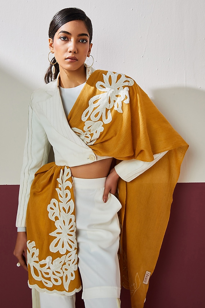 Mustard Wool Applique Work Stole by Shaza at Pernia's Pop Up Shop
