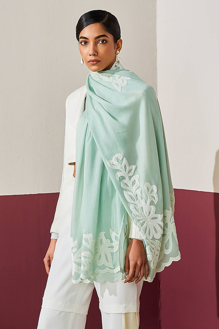 Mint Wool Applique Work Stole by Shaza at Pernia's Pop Up Shop