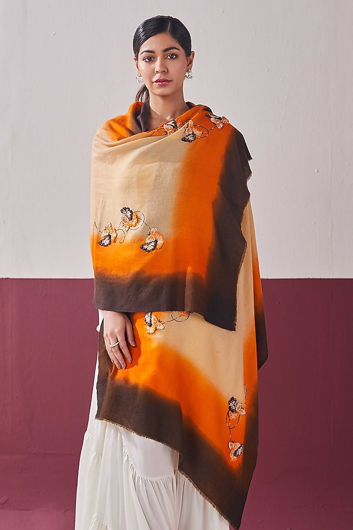 Brown & Orange Handloom Pashmina 3D Embroidered Stole by Shaza at Pernia's Pop Up Shop