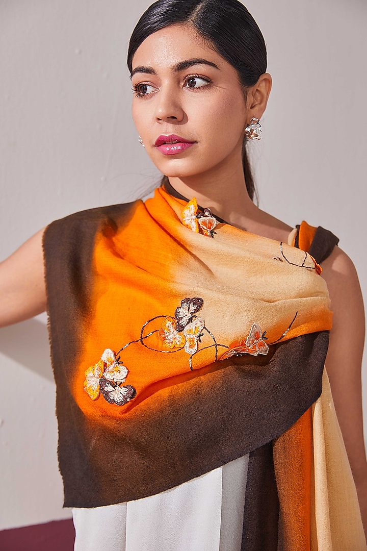 Brown & Orange Handloom Pashmina 3D Embroidered Stole by Shaza at Pernia's Pop Up Shop