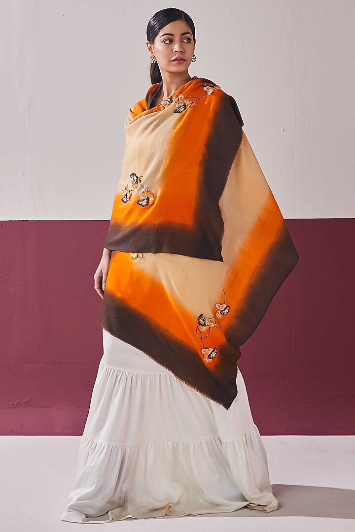 Brown & Orange Handloom Pashmina 3D Embroidered Stole by Shaza at Pernia's Pop Up Shop