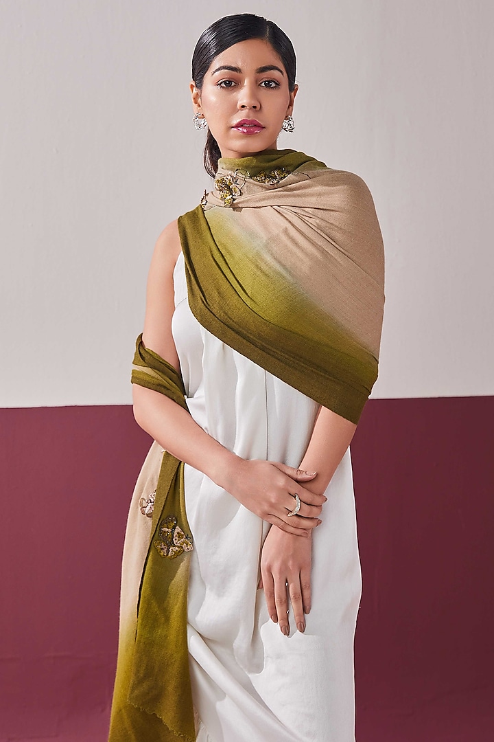 Canopy Green Handloom Pashmina 3D Embroidered Stole by Shaza at Pernia's Pop Up Shop