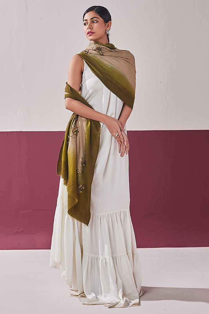 Canopy Green Handloom Pashmina 3D Embroidered Stole by Shaza at Pernia's Pop Up Shop