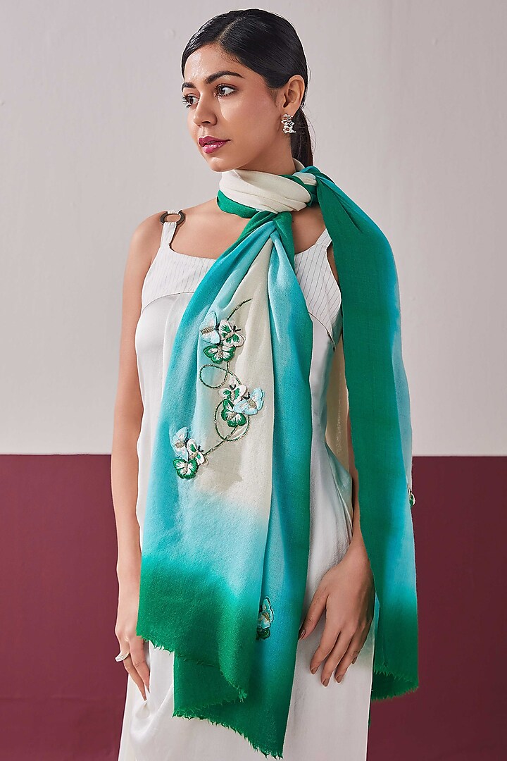 Forest Blue Handloom Pashmina 3D Embroidered Stole by Shaza