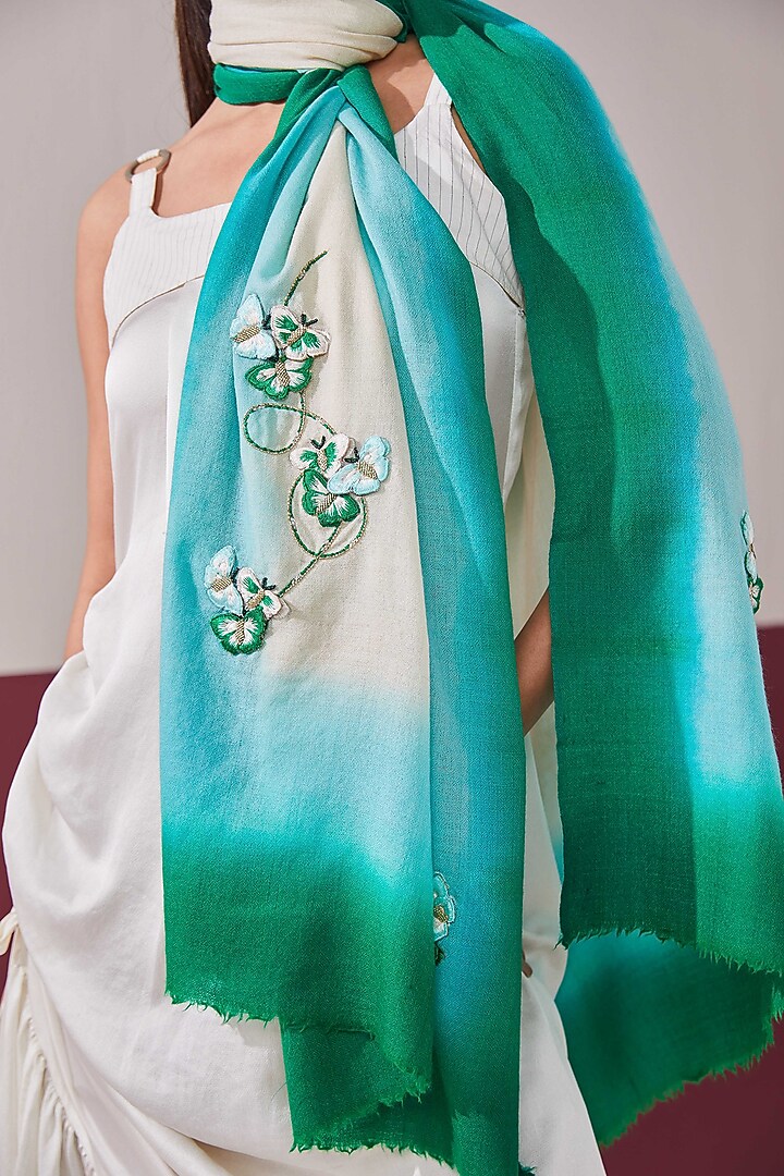 Forest Blue Handloom Pashmina 3D Embroidered Stole by Shaza at Pernia's Pop Up Shop