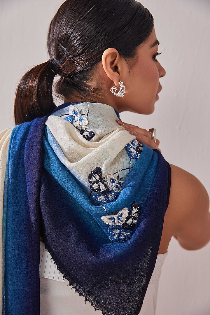Sky Blue Handloom Pashmina 3D Embroidered Stole by Shaza at Pernia's Pop Up Shop