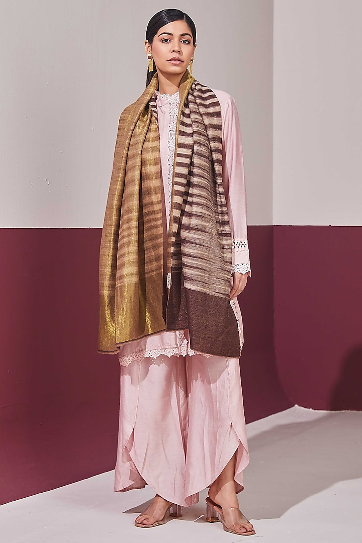 Mocha Brown-Gold Reversible Handloom Pashmina Self-Weaved Stole by Shaza at Pernia's Pop Up Shop