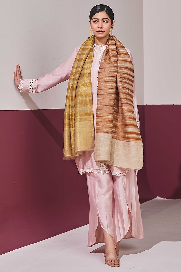Ochre Yellow-Gold Reversible Handloom Pashmina Self-Weaved Stole by Shaza