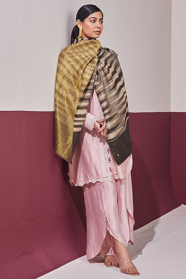 Charcoal Black-Gold Reversible Handloom Pashmina Self-Weaved Stole by Shaza