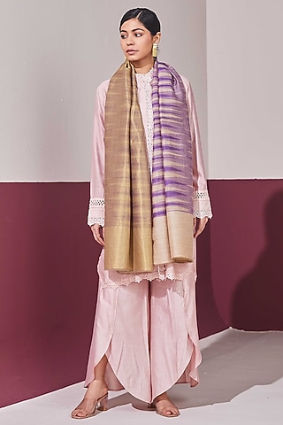 Purple-Gold Reversible Handloom Pashmina Self-Weaved Stole by Shaza