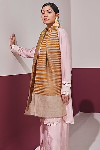 Bronze-Gold Reversible Handloom Pashmina Self-Weaved Ikat Stole by Shaza
