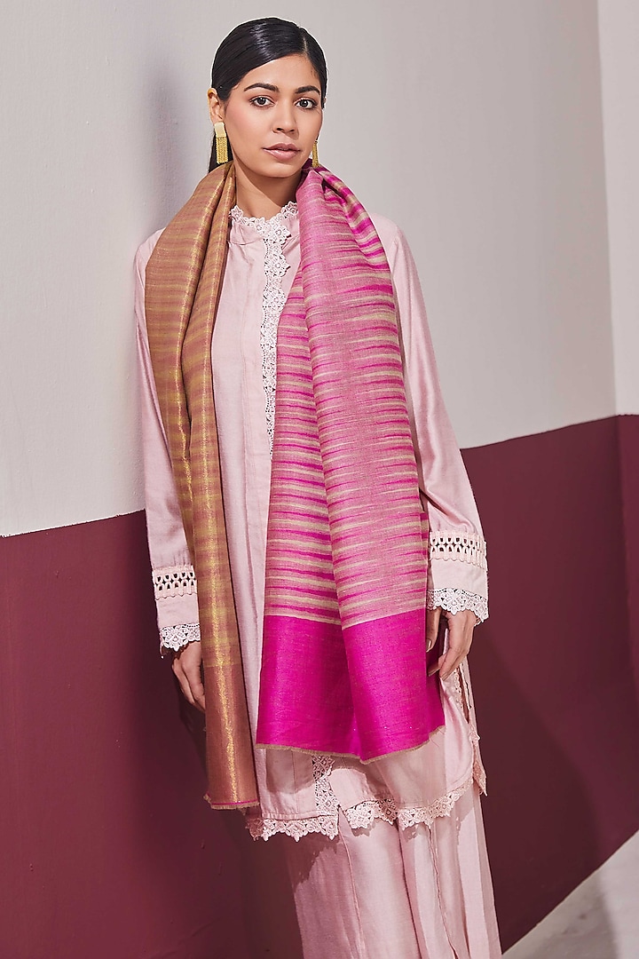 Rani Pink-Gold Reversible Handloom Pashmina Self-Weaved Ikat Stole by Shaza at Pernia's Pop Up Shop