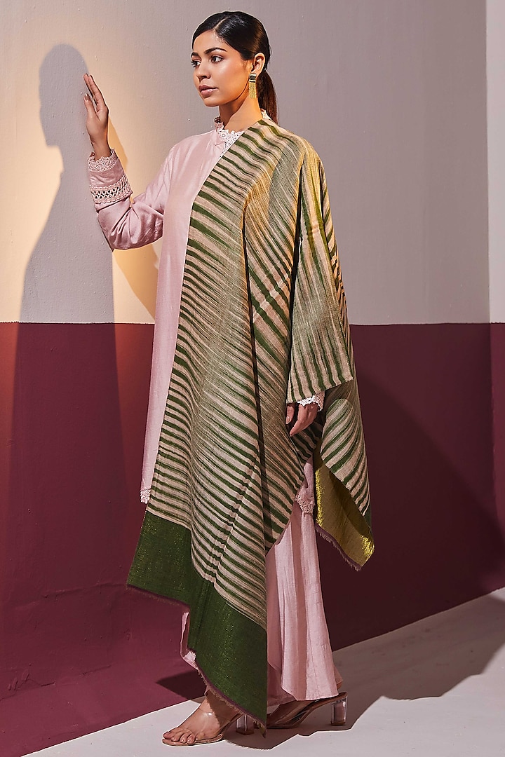 Green-Gold Reversible Handloom Pashmina Self-Weaved Ikat Stole by Shaza