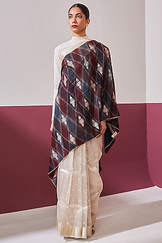 Blue & Maroon Handloom Pashmina Kashmiri Needle Hand Embroidered Stole by Shaza