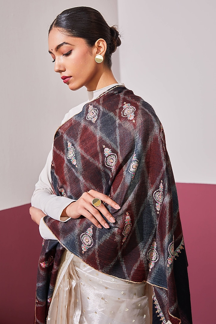 Blue & Maroon Handloom Pashmina Kashmiri Needle Hand Embroidered Stole by Shaza at Pernia's Pop Up Shop