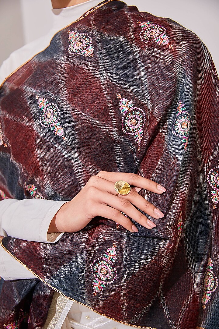 Blue & Maroon Handloom Pashmina Kashmiri Needle Hand Embroidered Stole by Shaza at Pernia's Pop Up Shop