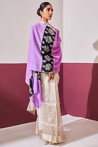 Purple Handloom Pashmina Kashmiri Needle Hand Embroidered Stole by Shaza