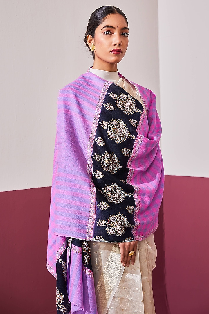 Purple Handloom Pashmina Kashmiri Needle Hand Embroidered Stole by Shaza at Pernia's Pop Up Shop