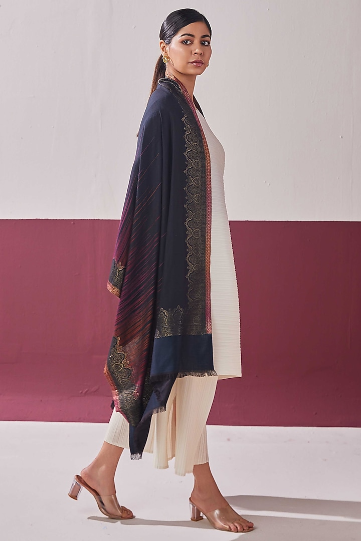 Midnight Blue Wool & Silk Blend Zari Embroidered Stole by Shaza at Pernia's Pop Up Shop