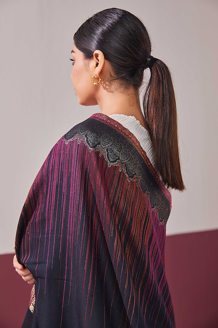 Midnight Blue Wool & Silk Blend Zari Embroidered Stole by Shaza at Pernia's Pop Up Shop