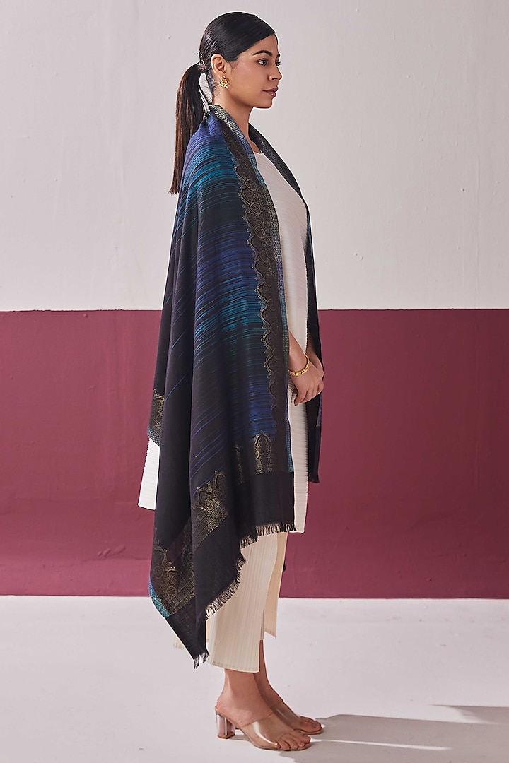 Black Wool & Silk Blend Self Weave Zari Stole by Shaza