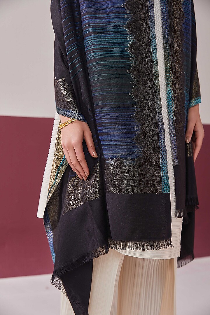 Black Wool & Silk Blend Self Weave Zari Stole by Shaza at Pernia's Pop Up Shop