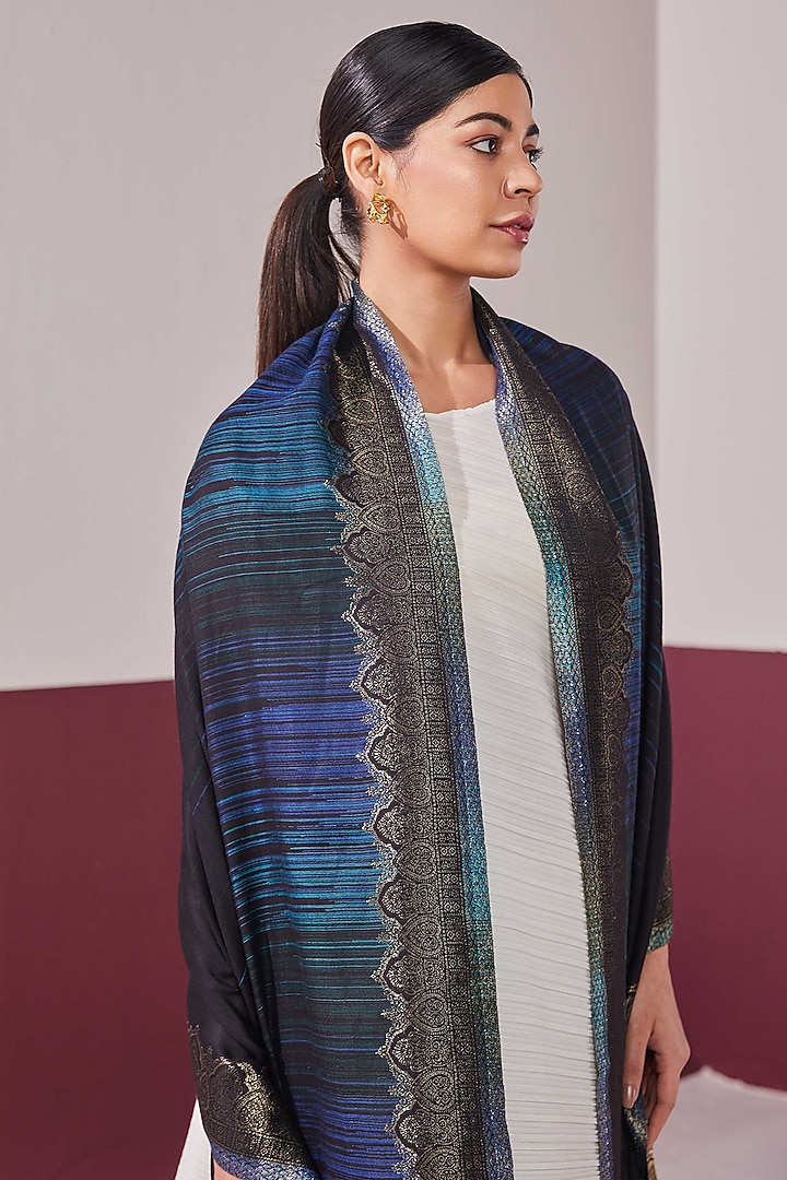 Black Wool & Silk Blend Self Weave Zari Stole by Shaza at Pernia's Pop Up Shop