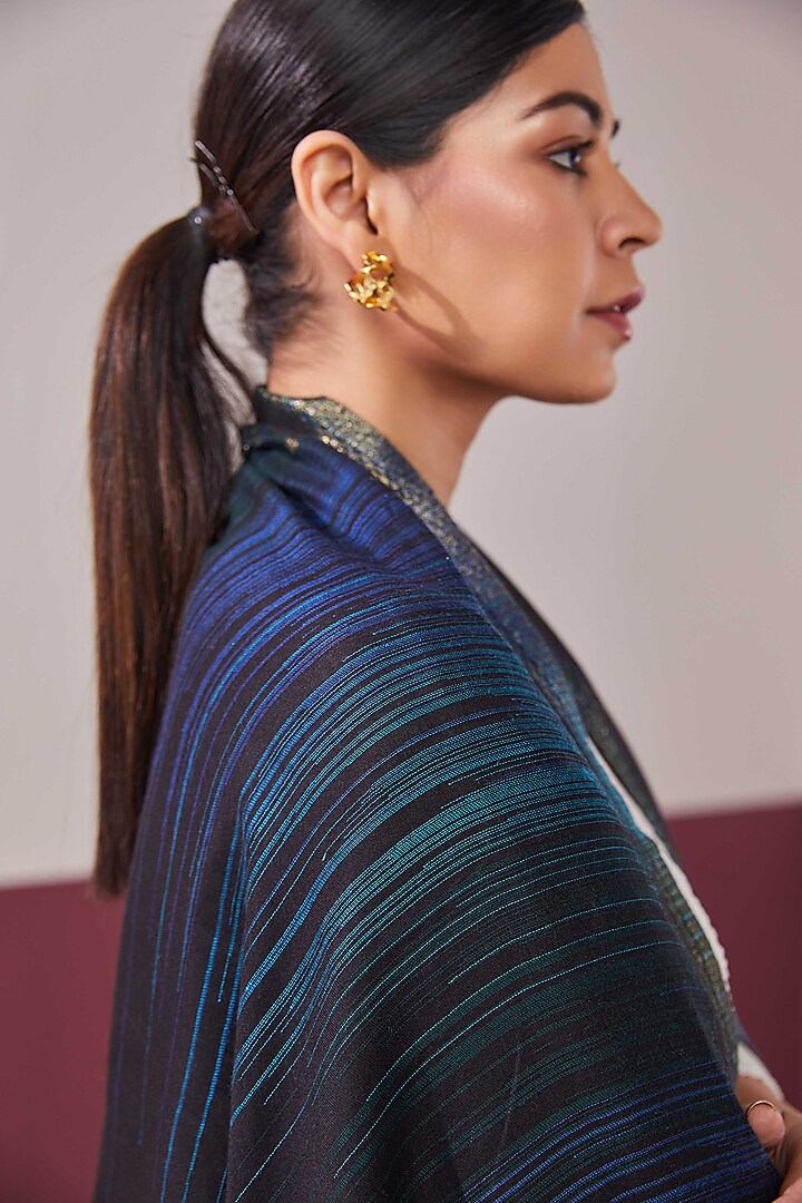 Black Wool & Silk Blend Self Weave Zari Stole by Shaza at Pernia's Pop Up Shop