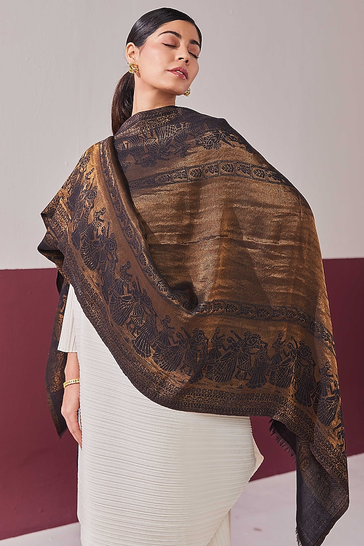 Black-Gold Fine Count Wool Self Weave Zari Reversible Stole by Shaza