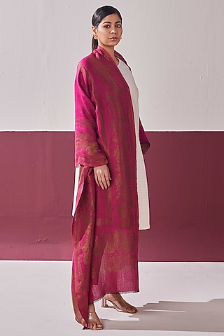 Rani Pink-Gold Fine Count Wool Self Weave Zari Reversible Stole by Shaza