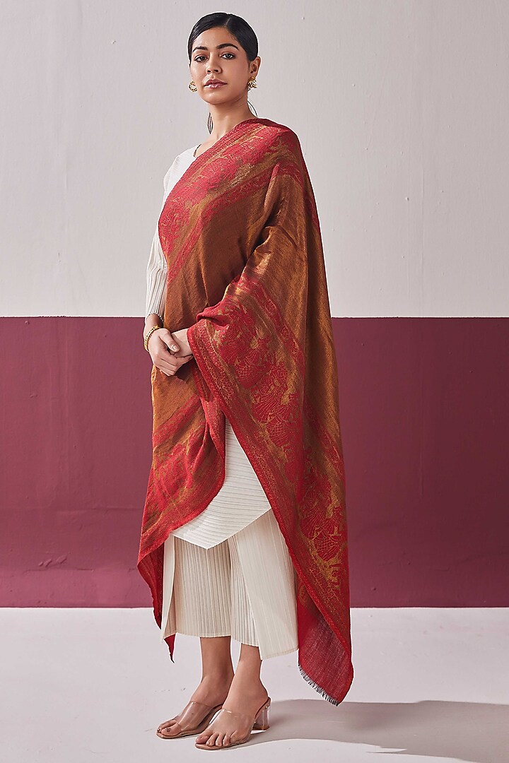 Red-Gold Fine Count Wool Self Weave Zari Reversible Stole by Shaza