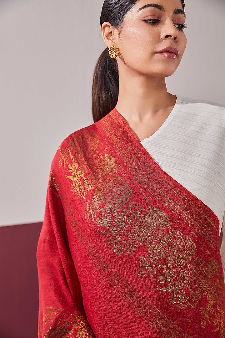 Red-Gold Fine Count Wool Self Weave Zari Reversible Stole by Shaza at Pernia's Pop Up Shop