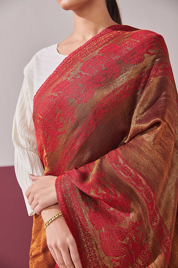 Red-Gold Fine Count Wool Self Weave Zari Reversible Stole by Shaza at Pernia's Pop Up Shop
