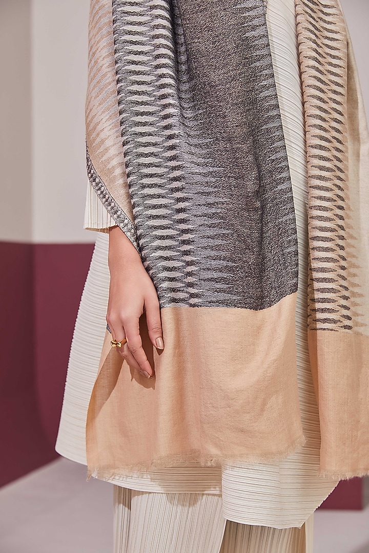 Cream & Charcoal Fine Count Wool Self Weave Ikat Reversible Stole by Shaza at Pernia's Pop Up Shop