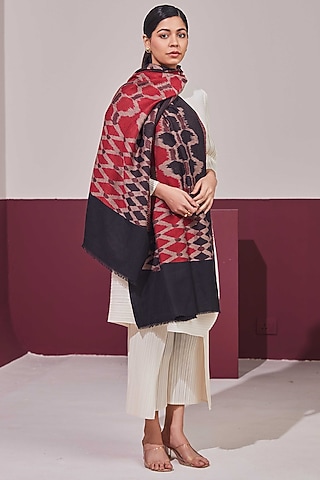 Red & Gold Fine Count Wool Self Weave Ikat Reversible Stole by Shaza