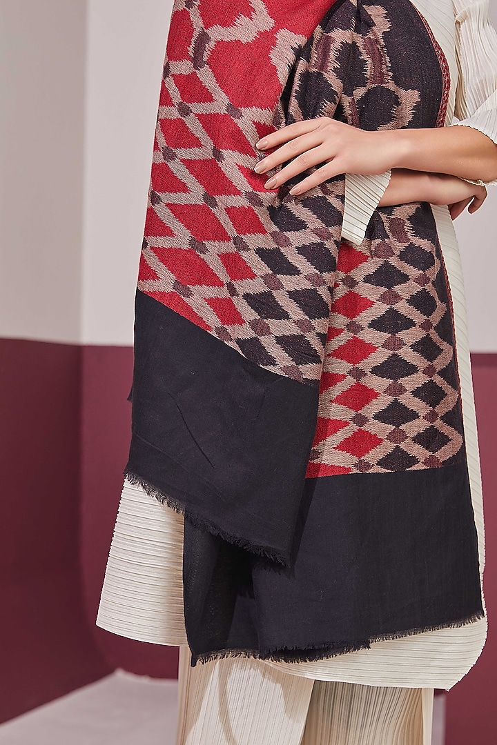 Red & Gold Fine Count Wool Self Weave Ikat Reversible Stole by Shaza at Pernia's Pop Up Shop