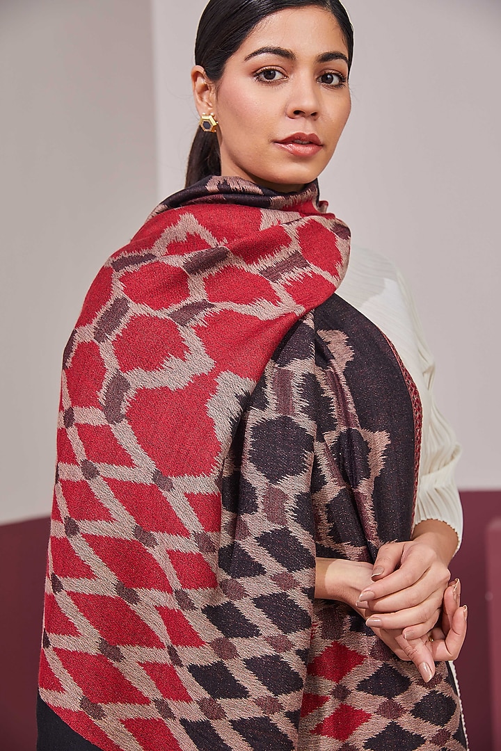 Red & Gold Fine Count Wool Self Weave Ikat Reversible Stole by Shaza at Pernia's Pop Up Shop