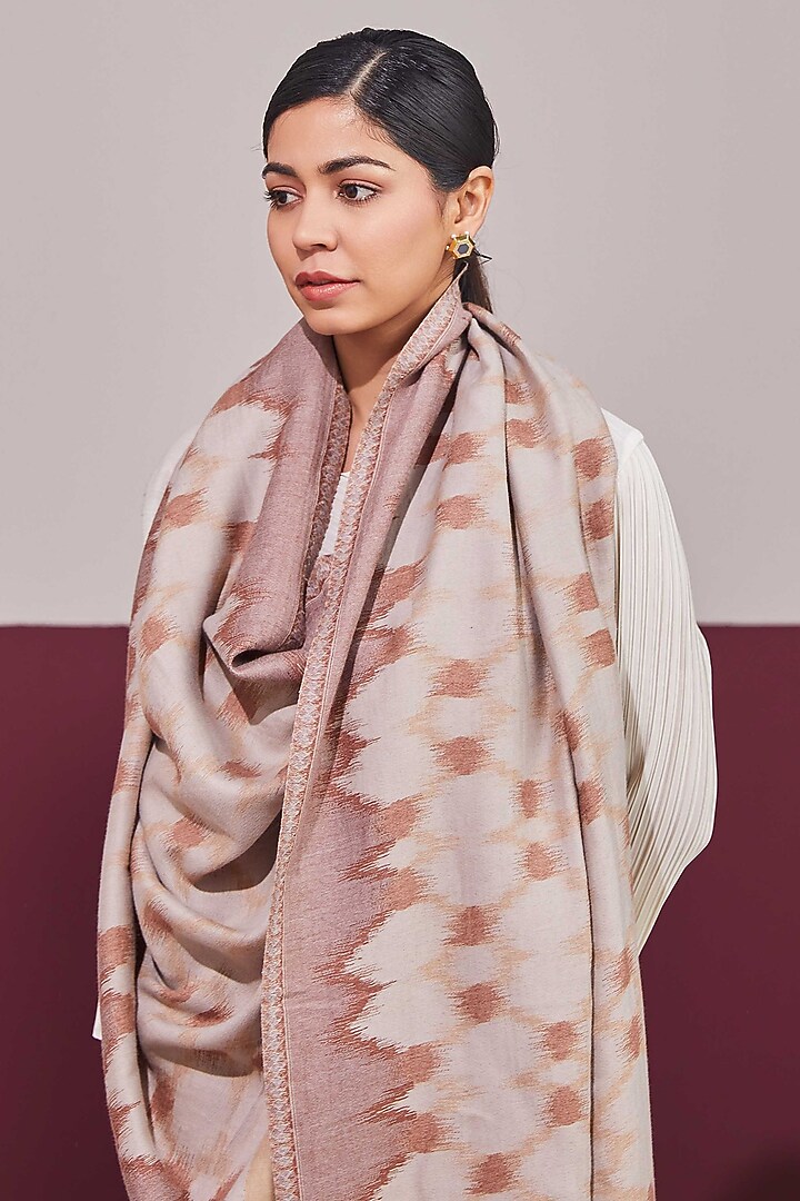 Brown & Beige Fine Count Wool Self Weave Ikat Reversible Stole by Shaza at Pernia's Pop Up Shop