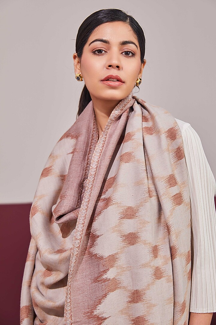 Brown & Beige Fine Count Wool Self Weave Ikat Reversible Stole by Shaza at Pernia's Pop Up Shop